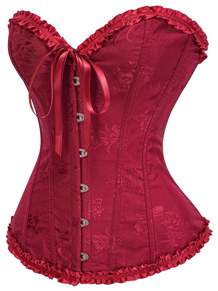 Women’s strapless corset bustier top with front button detail, lace-up back, frill accents, slim fit, and asymmetrical hem.