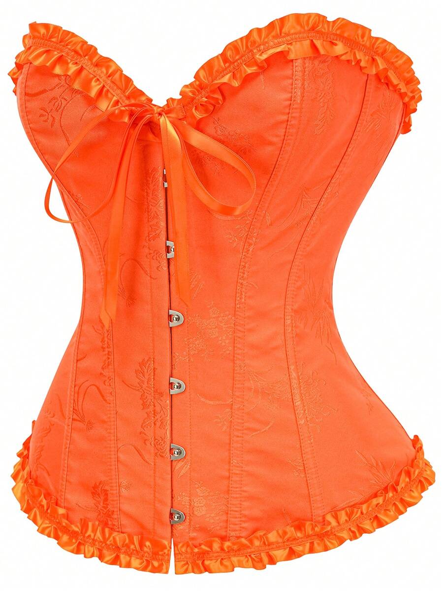 Women’s strapless corset bustier top with front button detail, lace-up back, frill accents, slim fit, and asymmetrical hem.
