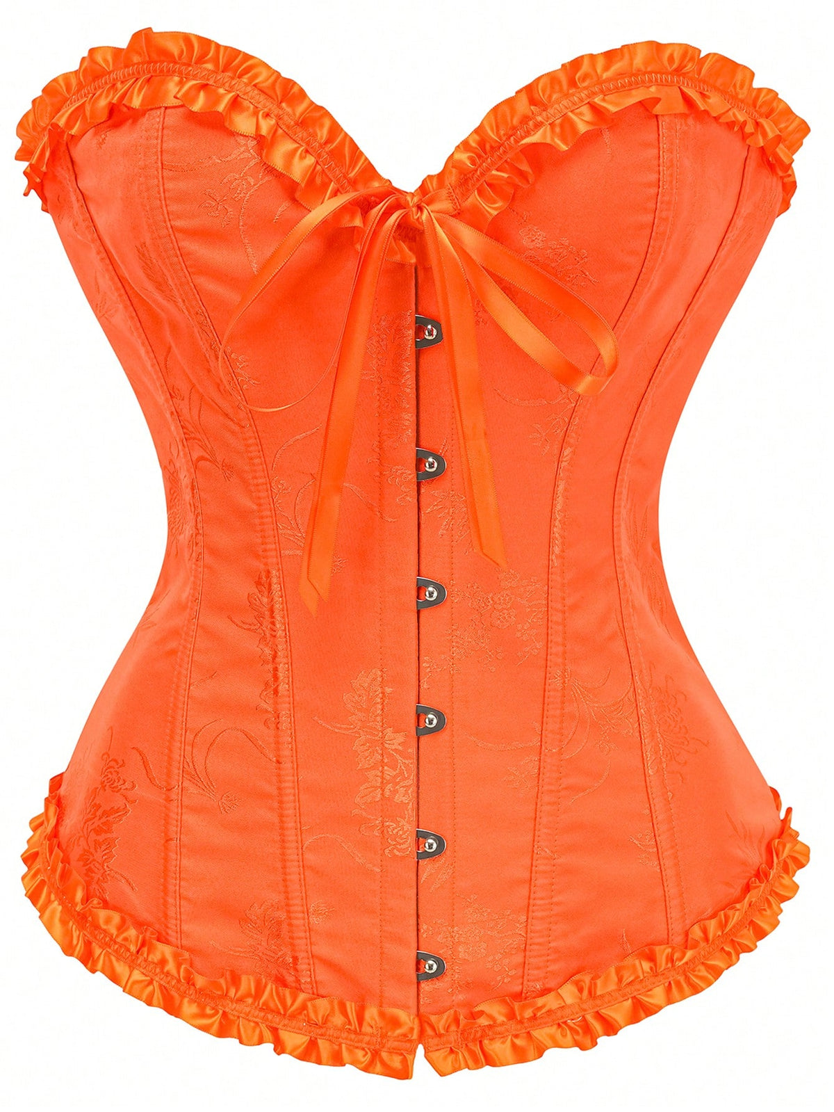 Women’s strapless corset bustier top with front button detail, lace-up back, frill accents, slim fit, and asymmetrical hem.