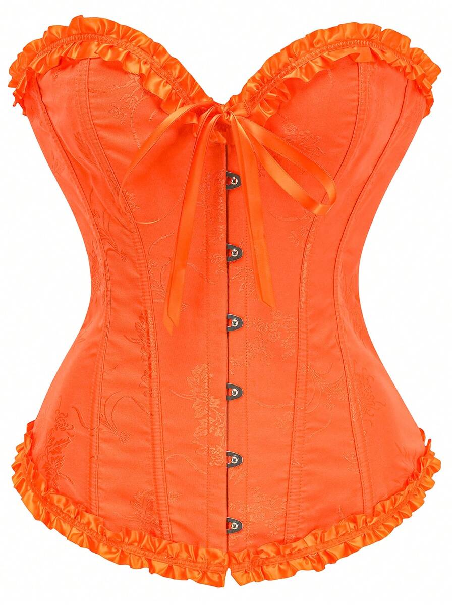 Women’s strapless corset bustier top with front button detail, lace-up back, frill accents, slim fit, and asymmetrical hem.