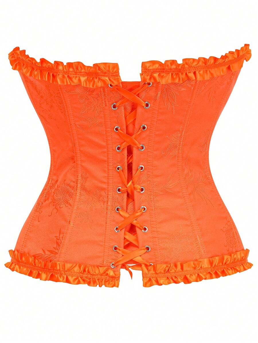 Women’s strapless corset bustier top with front button detail, lace-up back, frill accents, slim fit, and asymmetrical hem.