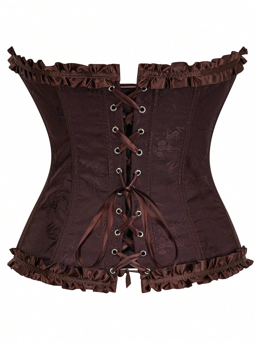 Women’s strapless corset bustier top with front button detail, lace-up back, frill accents, slim fit, and asymmetrical hem.