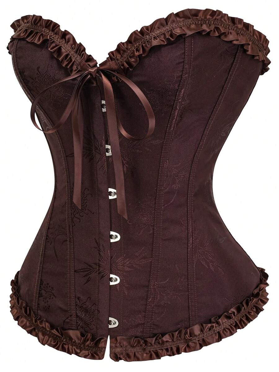 Women’s strapless corset bustier top with front button detail, lace-up back, frill accents, slim fit, and asymmetrical hem.
