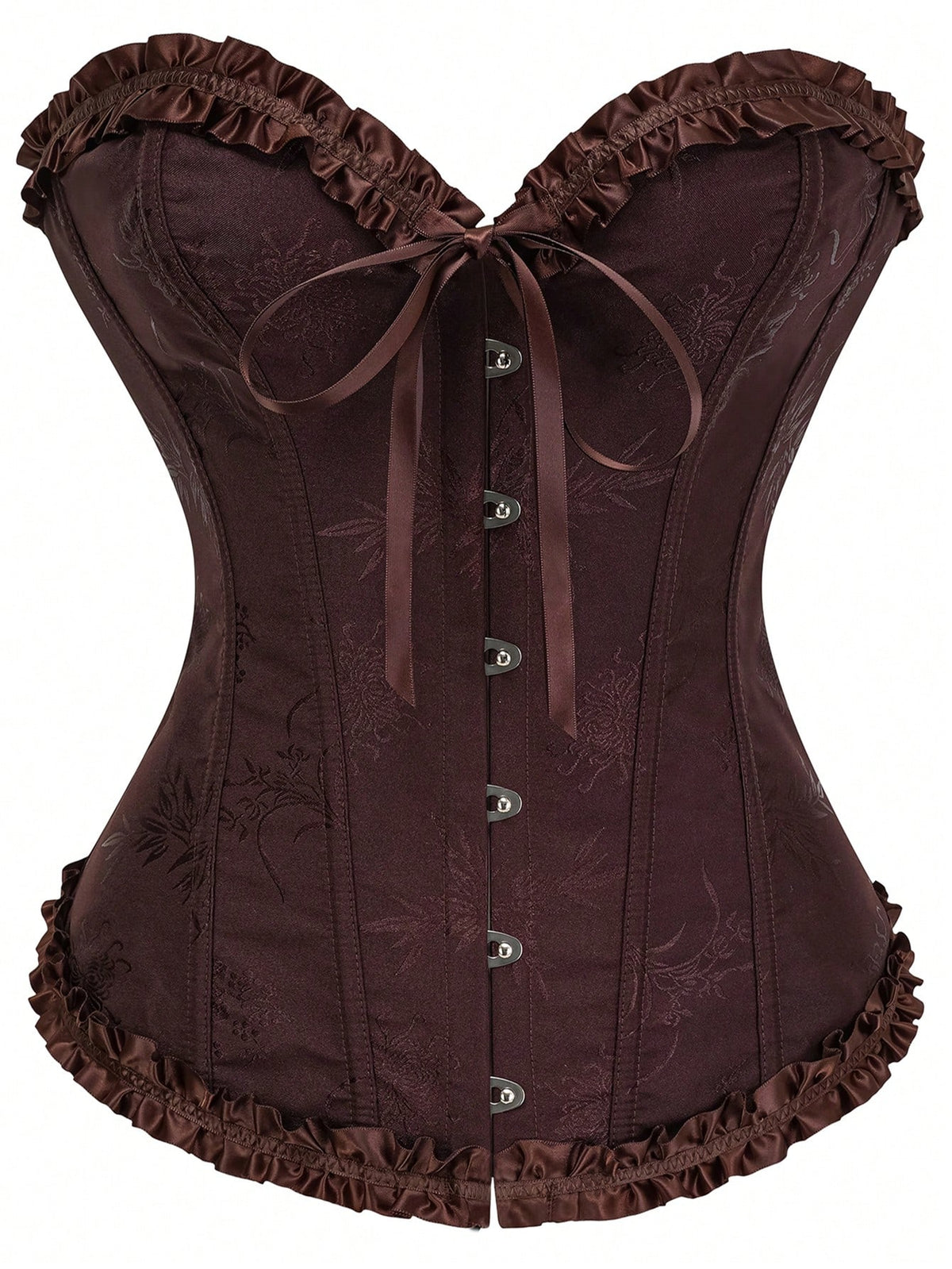 Women’s strapless corset bustier top with front button detail, lace-up back, frill accents, slim fit, and asymmetrical hem.