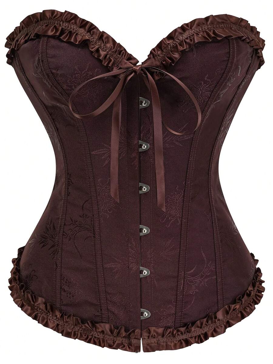 Women’s strapless corset bustier top with front button detail, lace-up back, frill accents, slim fit, and asymmetrical hem.