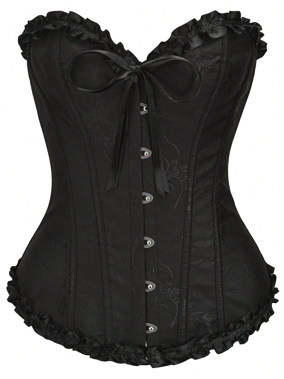 Women’s strapless corset bustier top with front button detail, lace-up back, frill accents, slim fit, and asymmetrical hem.