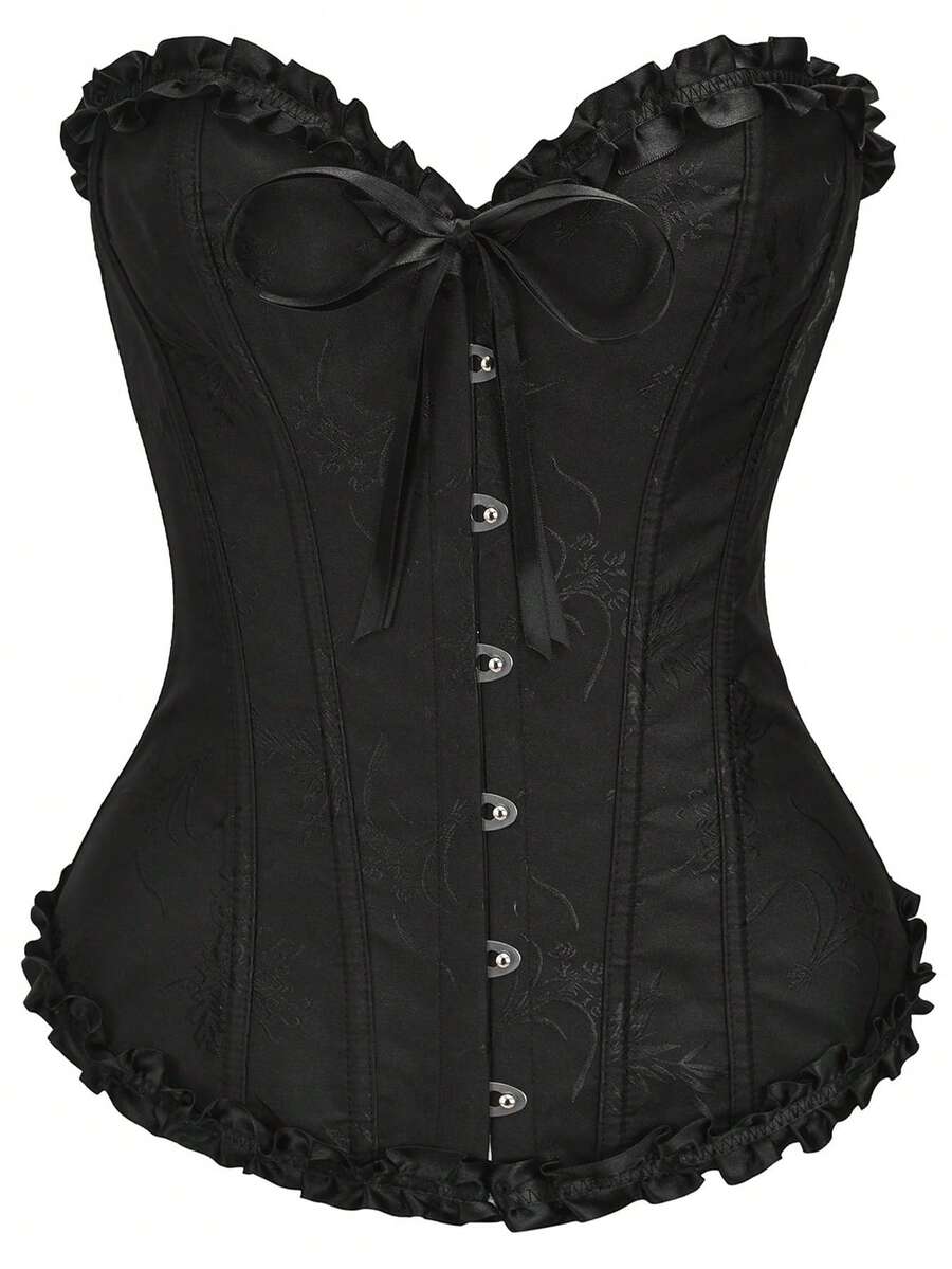 Women’s strapless corset bustier top with front button detail, lace-up back, frill accents, slim fit, and asymmetrical hem.