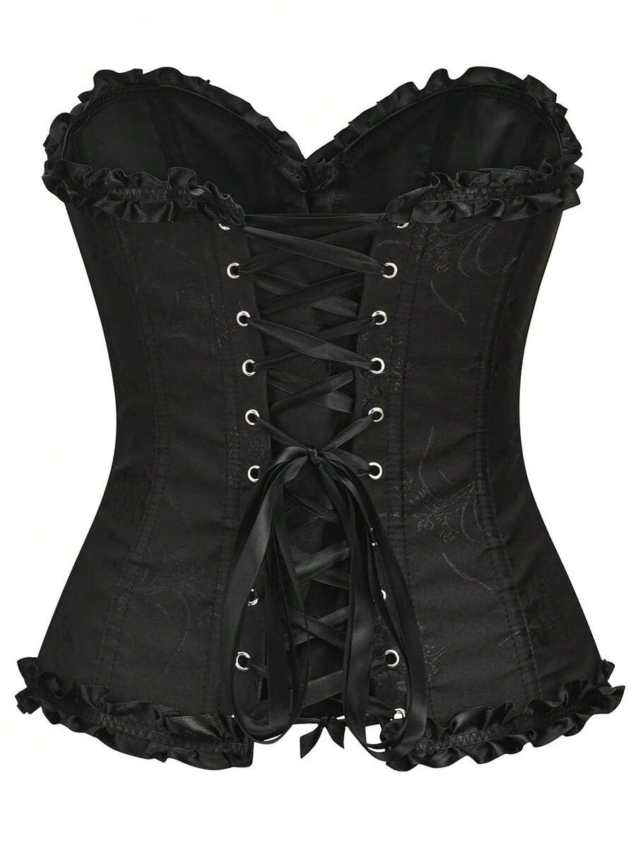 Women’s strapless corset bustier top with front button detail, lace-up back, frill accents, slim fit, and asymmetrical hem.