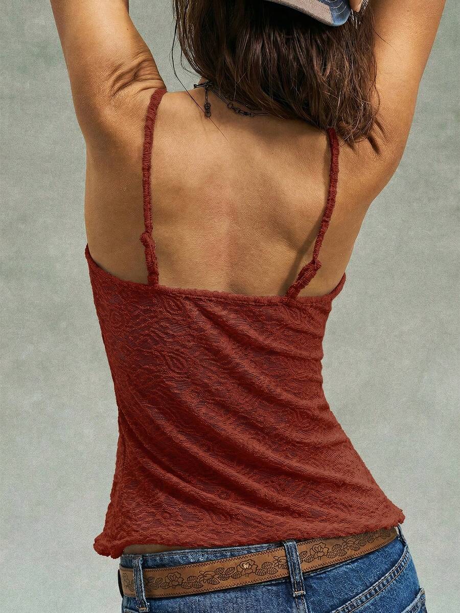 Black boho paisley knit camisole top featuring contrast lace details, spaghetti straps, and a slim crop fit for women