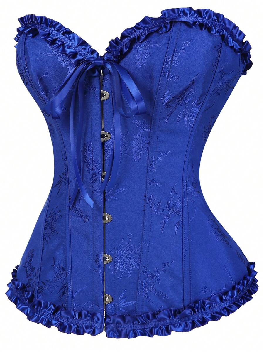 Women’s strapless corset bustier top with front button detail, lace-up back, frill accents, slim fit, and asymmetrical hem.
