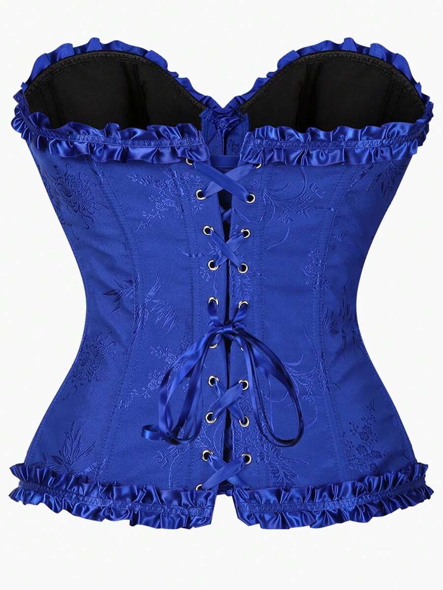 Women’s strapless corset bustier top with front button detail, lace-up back, frill accents, slim fit, and asymmetrical hem.