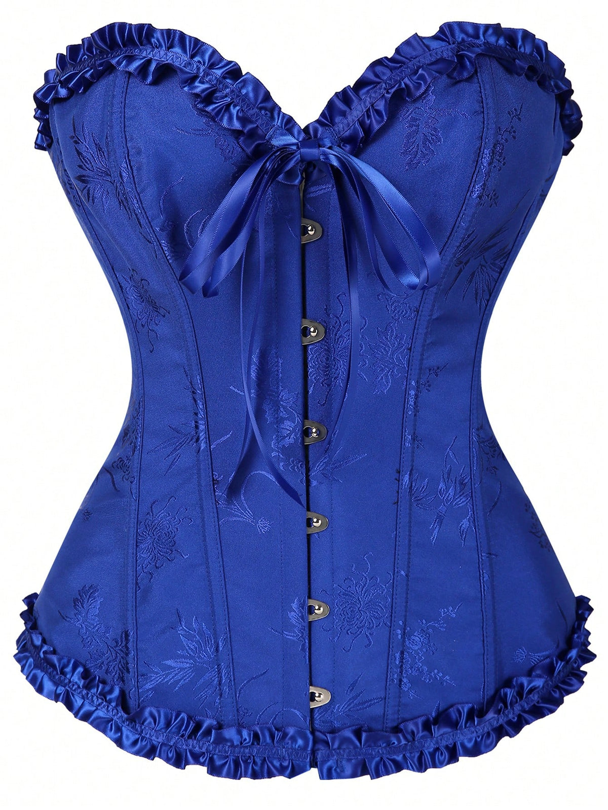 Women’s strapless corset bustier top with front button detail, lace-up back, frill accents, slim fit, and asymmetrical hem.