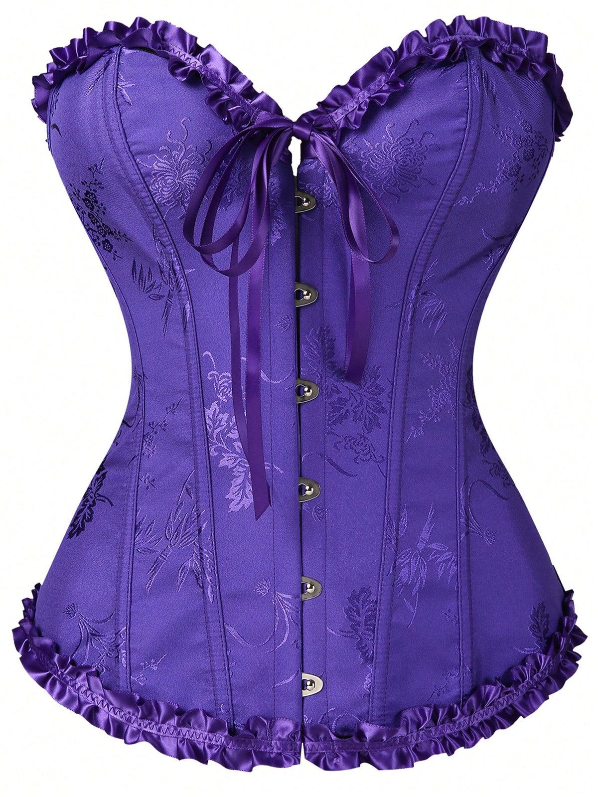 Women’s strapless corset bustier top with front button detail, lace-up back, frill accents, slim fit, and asymmetrical hem.