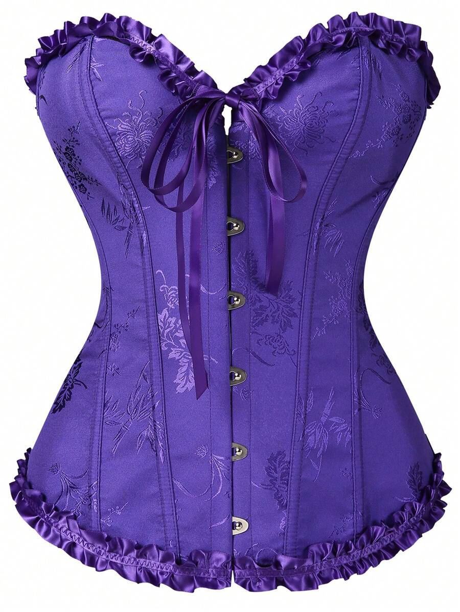 Women’s strapless corset bustier top with front button detail, lace-up back, frill accents, slim fit, and asymmetrical hem.