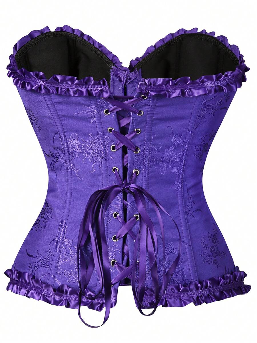 Women’s strapless corset bustier top with front button detail, lace-up back, frill accents, slim fit, and asymmetrical hem.