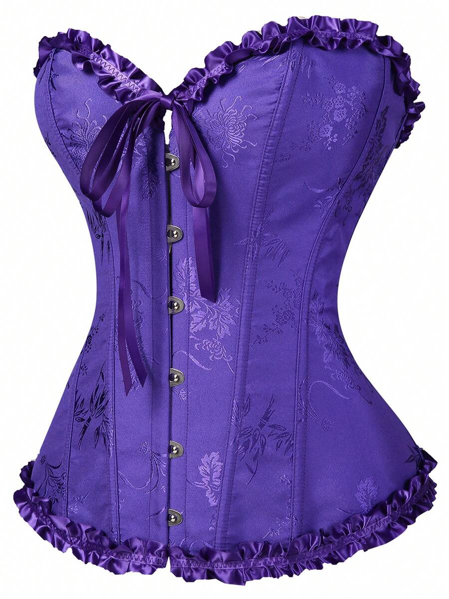 Women’s strapless corset bustier top with front button detail, lace-up back, frill accents, slim fit, and asymmetrical hem.