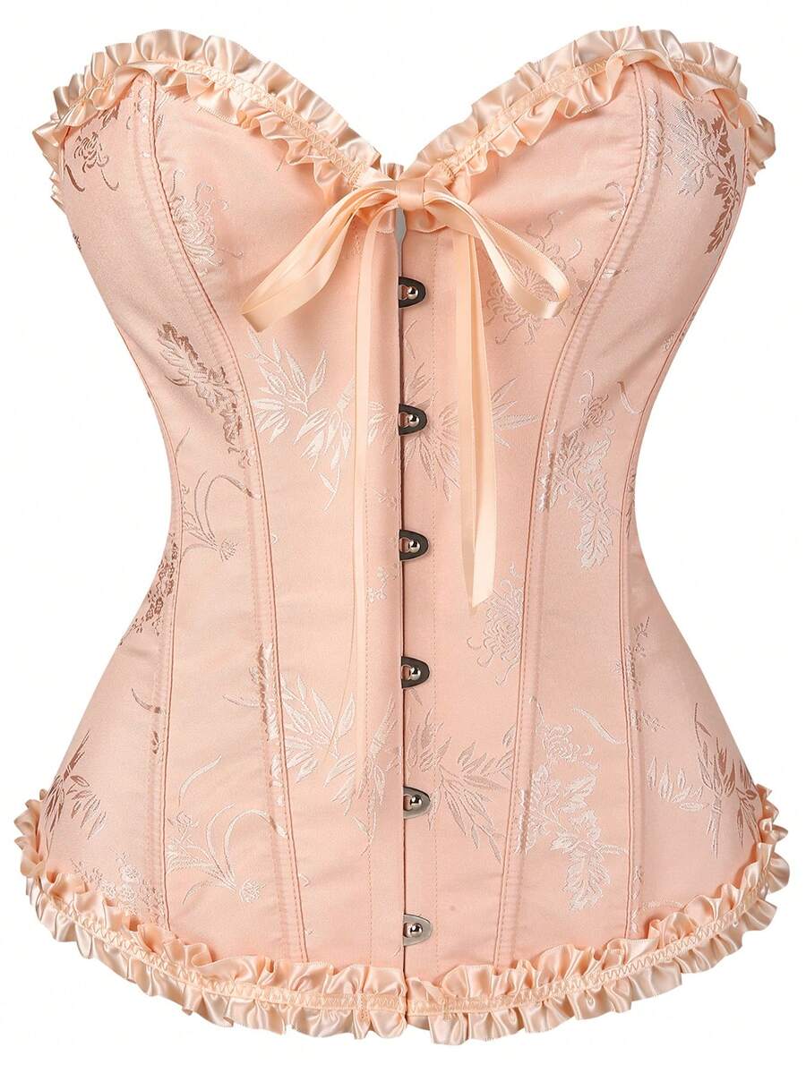 Women’s strapless corset bustier top with front button detail, lace-up back, frill accents, slim fit, and asymmetrical hem.
