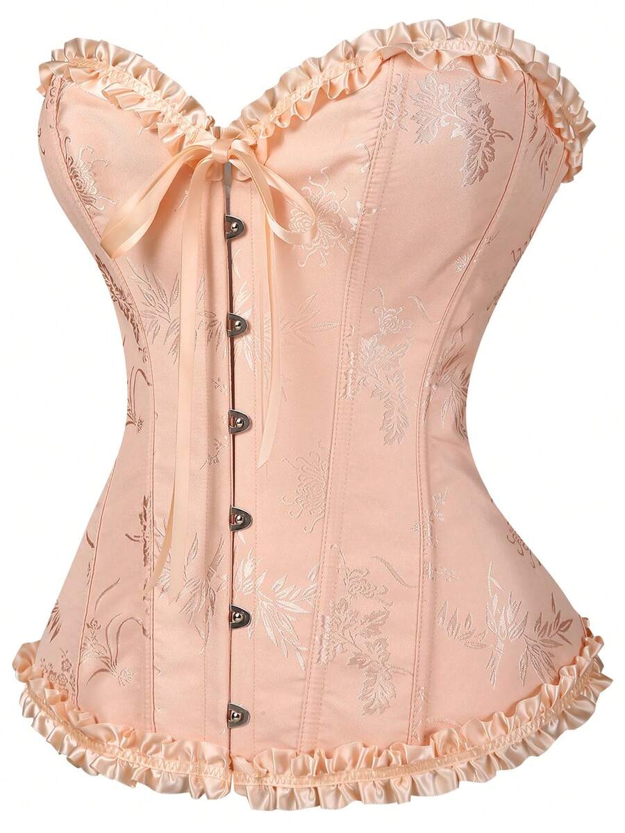 Women’s strapless corset bustier top with front button detail, lace-up back, frill accents, slim fit, and asymmetrical hem.