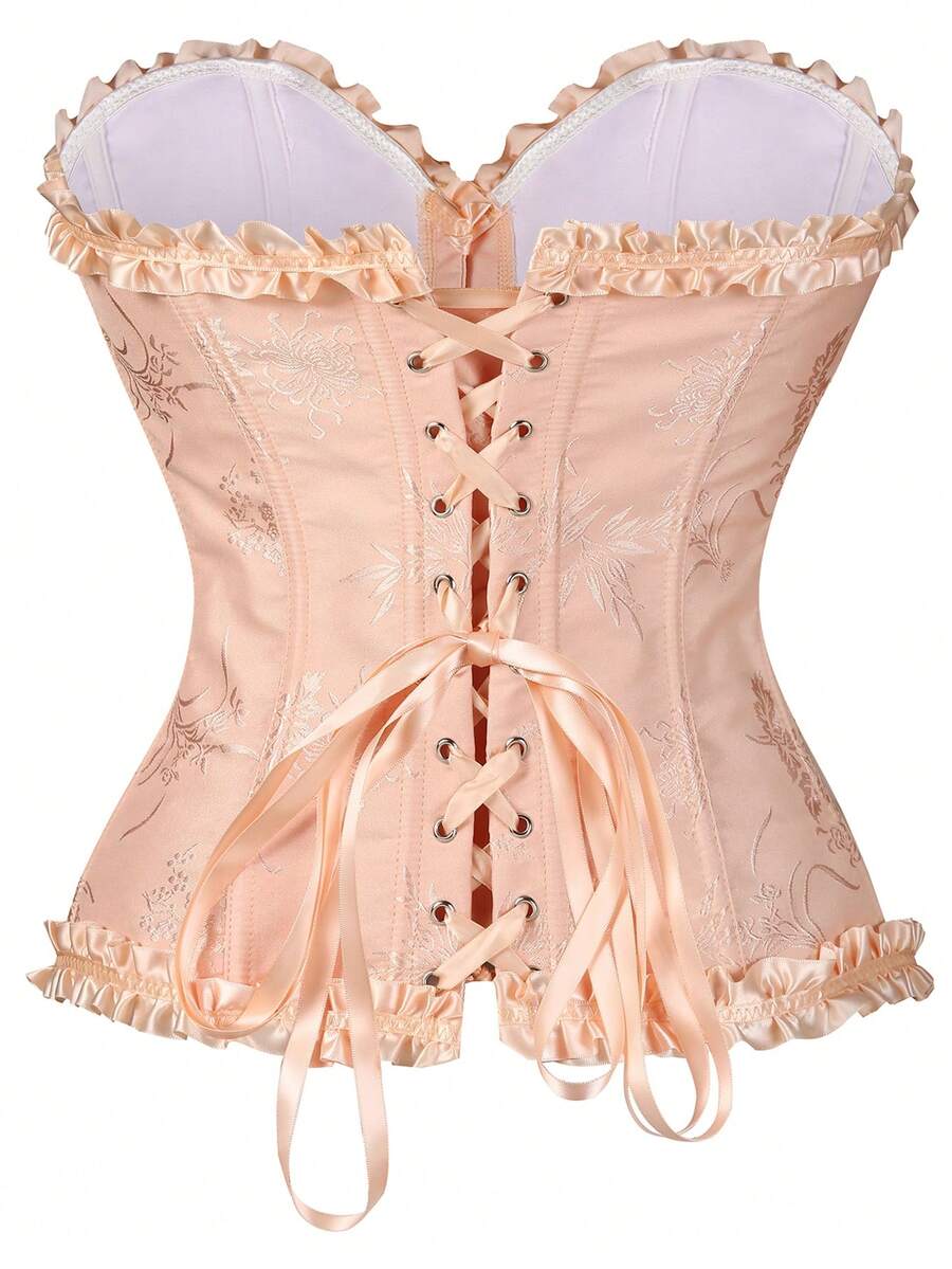Women’s strapless corset bustier top with front button detail, lace-up back, frill accents, slim fit, and asymmetrical hem.