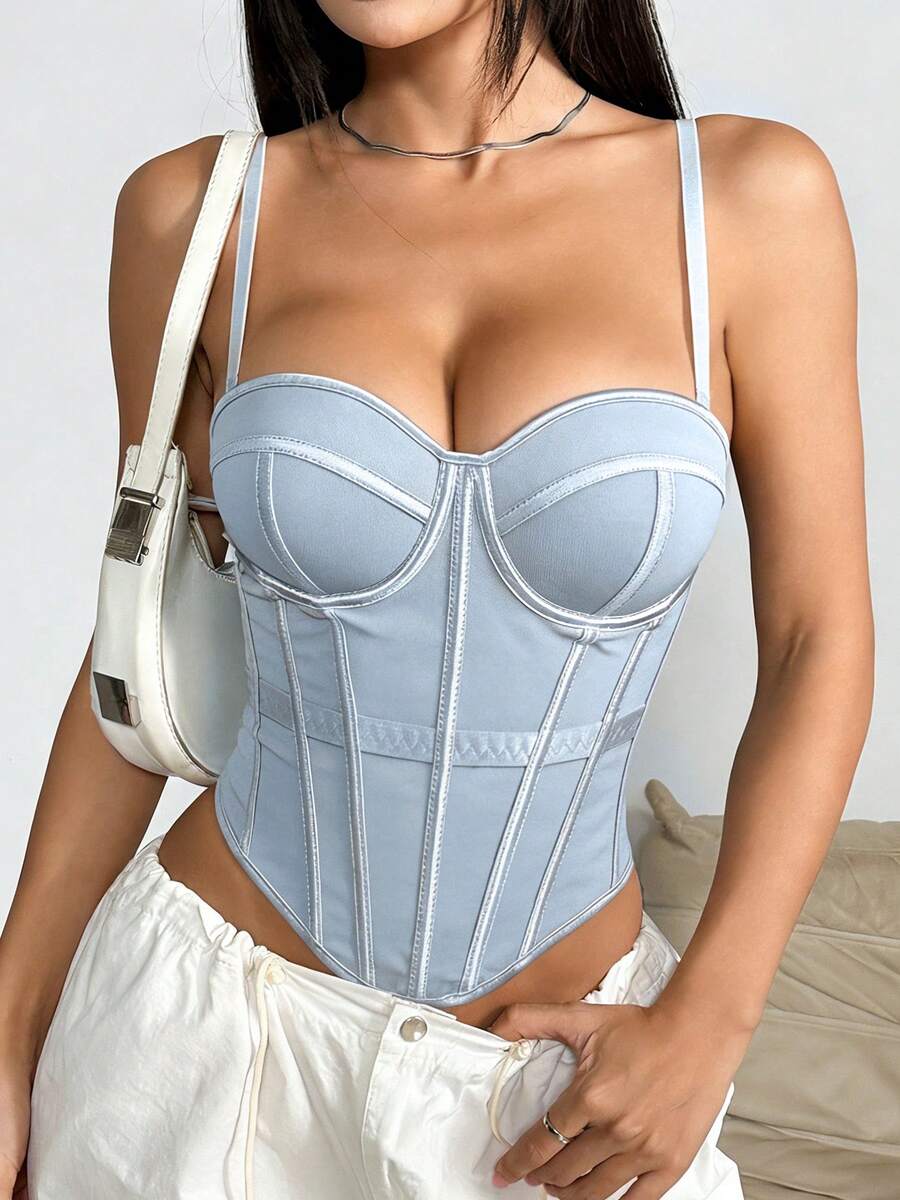 Women's brown backless corset camisole top featuring spaghetti straps, boned structure, and slim fit silhouette.