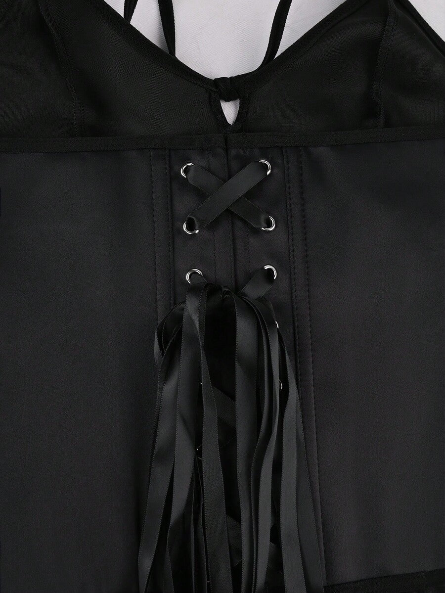 Black satin corset camisole crop top for women with halter neckline, front hook closure, back lace-up detail, and boned waist shaping.