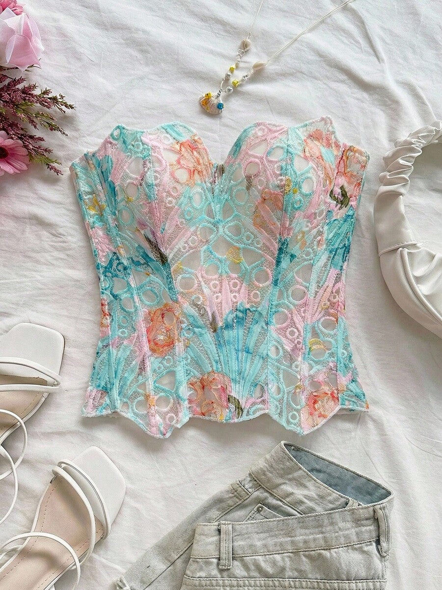 Strapless floral lace corset top with lace-up detail, asymmetrical hem, and slim fit for women.