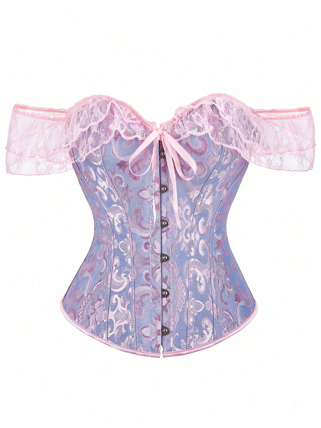 Women's off-shoulder corset top with lace-up grommet eyelet details, flounce sleeves, and a slim fit in boho style.