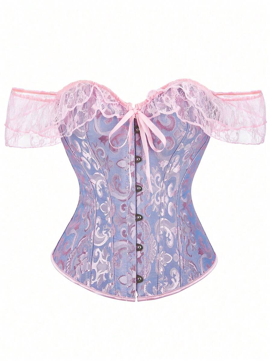 Women's off-shoulder corset top with lace-up grommet eyelet details, flounce sleeves, and a slim fit in boho style.