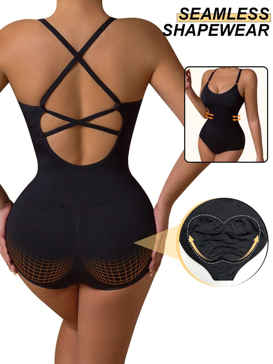 Black sleeveless seamless backless bodysuit with criss cross spaghetti straps for women