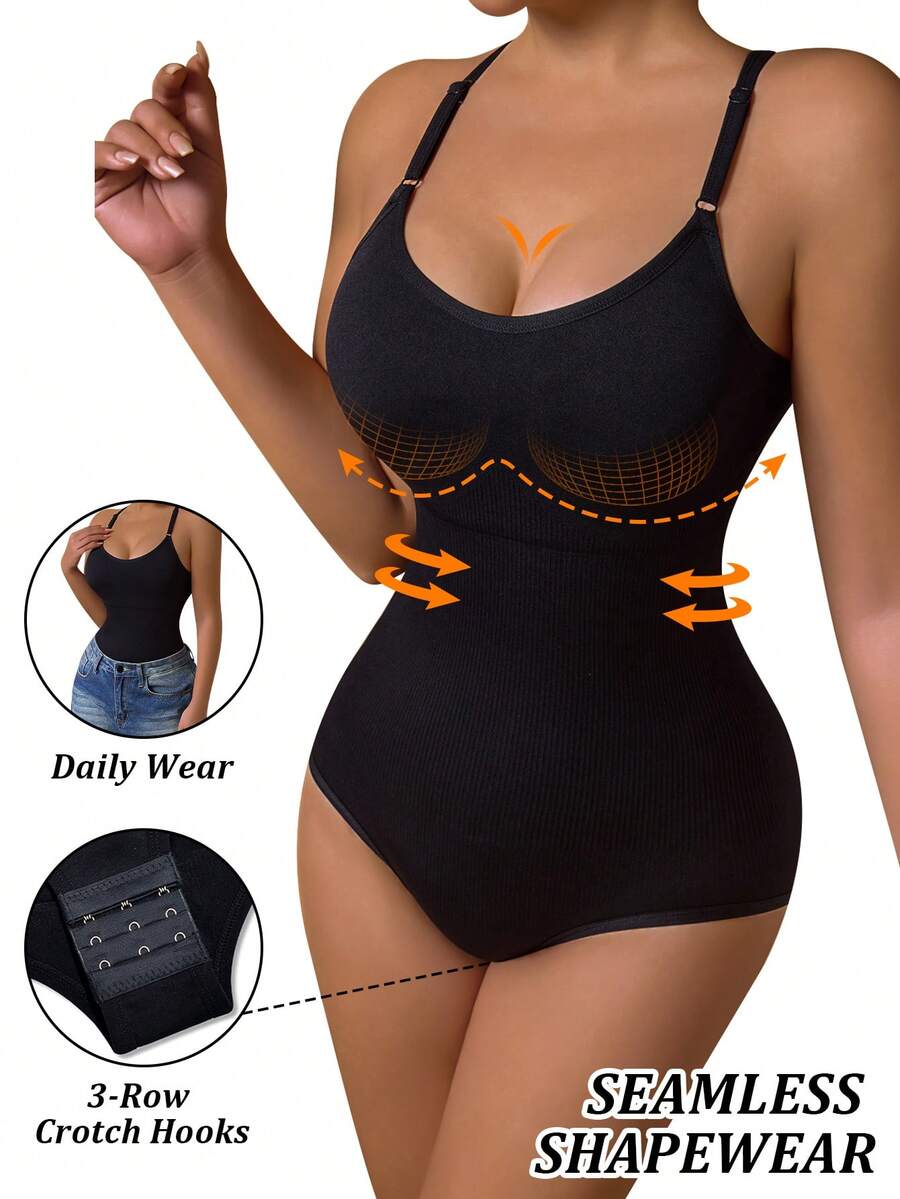 Black sleeveless seamless backless bodysuit with criss cross spaghetti straps for women