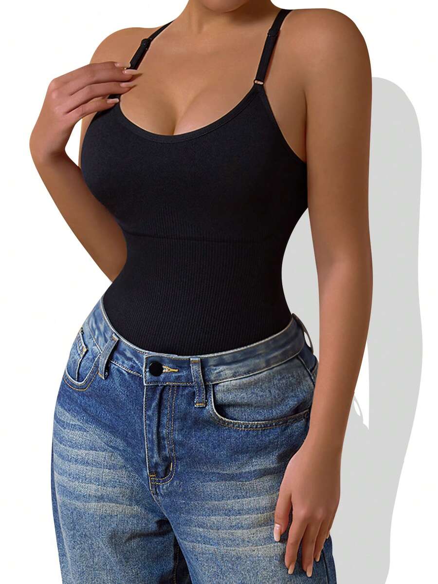 Black sleeveless seamless backless bodysuit with criss cross spaghetti straps for women