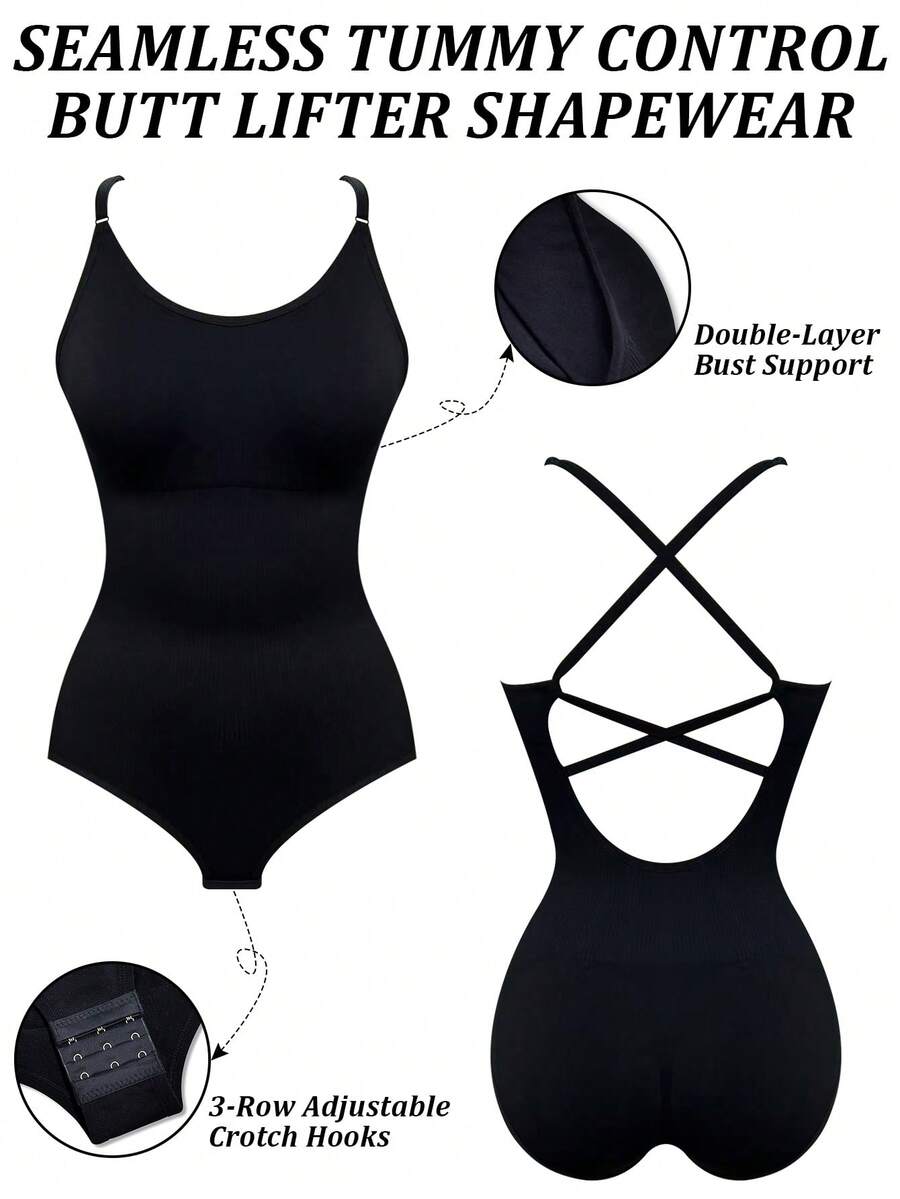 Black sleeveless seamless backless bodysuit with criss cross spaghetti straps for women
