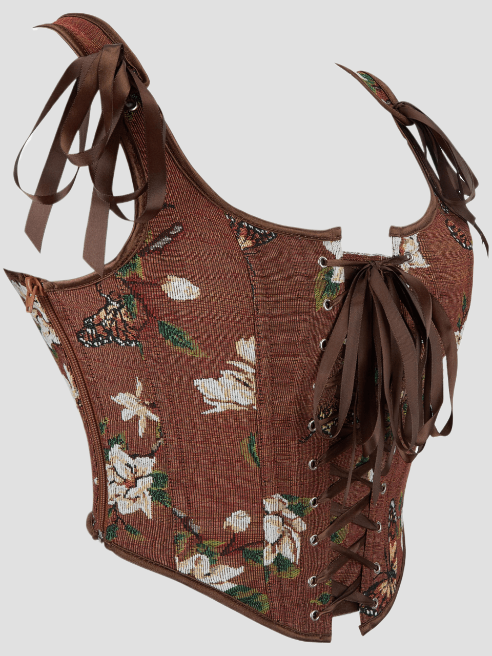 Women's retro floral print bustier top with shoulder straps, lace-up tie back, zipper, and boned construction in a romantic vintage style.