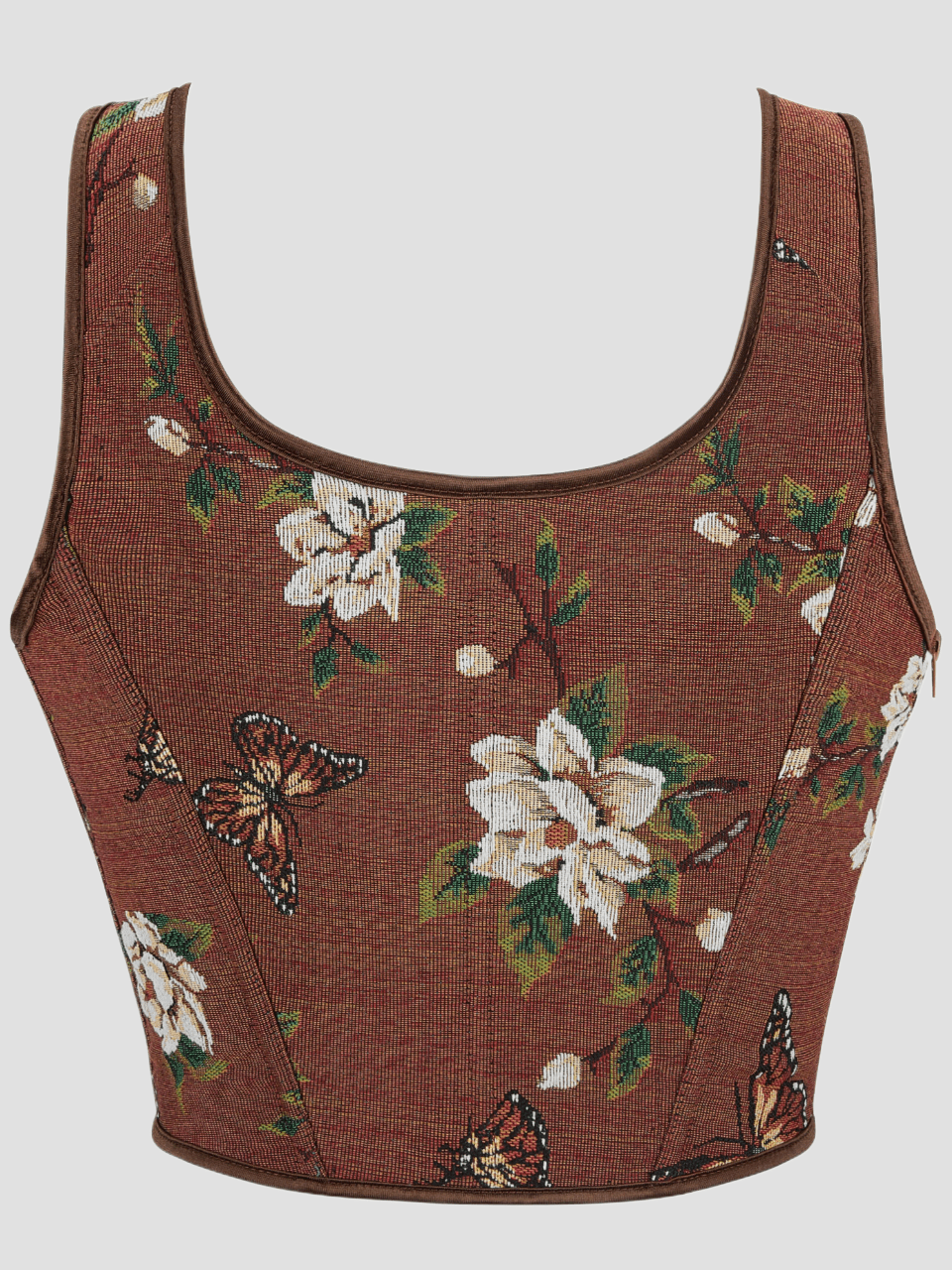 Women's retro floral print bustier top with shoulder straps, lace-up tie back, zipper, and boned construction in a romantic vintage style.