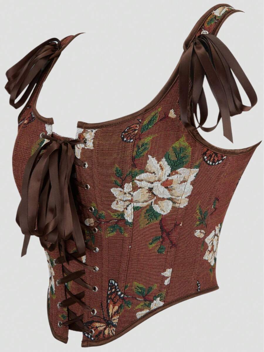 Women's retro floral print bustier top with shoulder straps, lace-up tie back, zipper, and boned construction in a romantic vintage style.