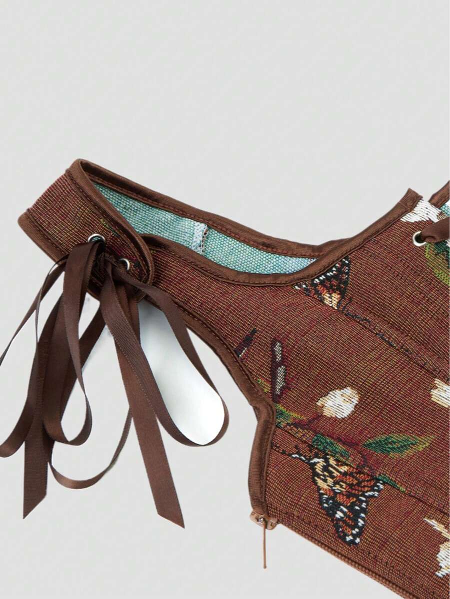 Women's retro floral print bustier top with shoulder straps, lace-up tie back, zipper, and boned construction in a romantic vintage style.