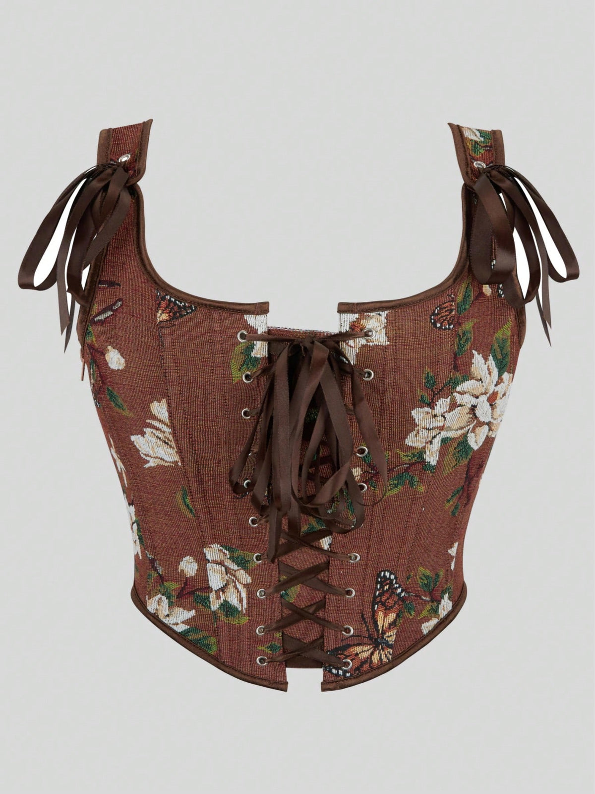 Women's retro floral print bustier top with shoulder straps, lace-up tie back, zipper, and boned construction in a romantic vintage style.