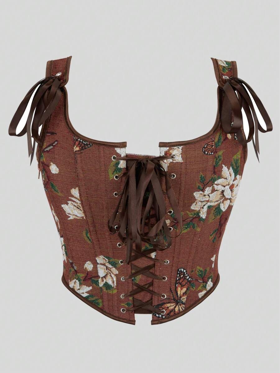 Women's retro floral print bustier top with shoulder straps, lace-up tie back, zipper, and boned construction in a romantic vintage style.