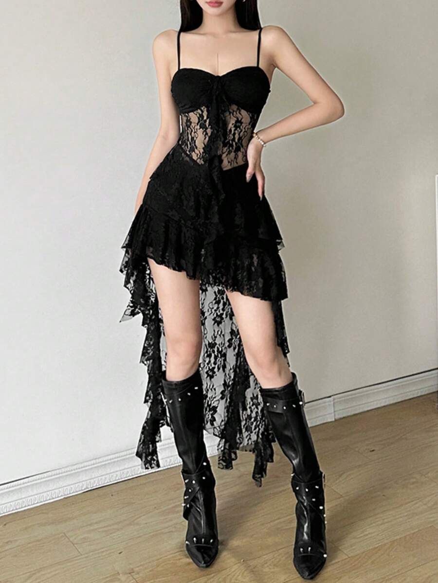 Black sleeveless camisole dress for women featuring contrast lace patchwork details, spaghetti straps, high waist slim fit, and a sheer asymmetrical hem.