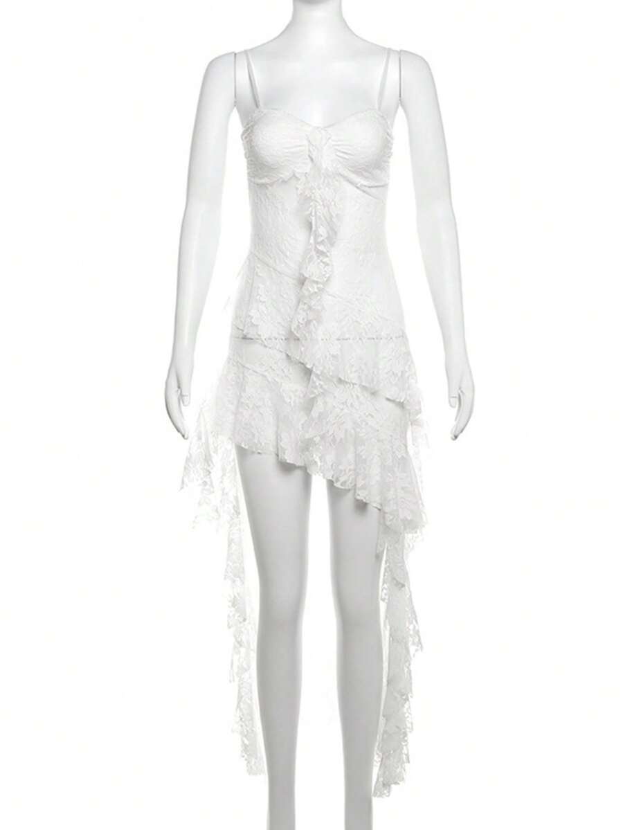Black sleeveless camisole dress for women featuring contrast lace patchwork details, spaghetti straps, high waist slim fit, and a sheer asymmetrical hem.