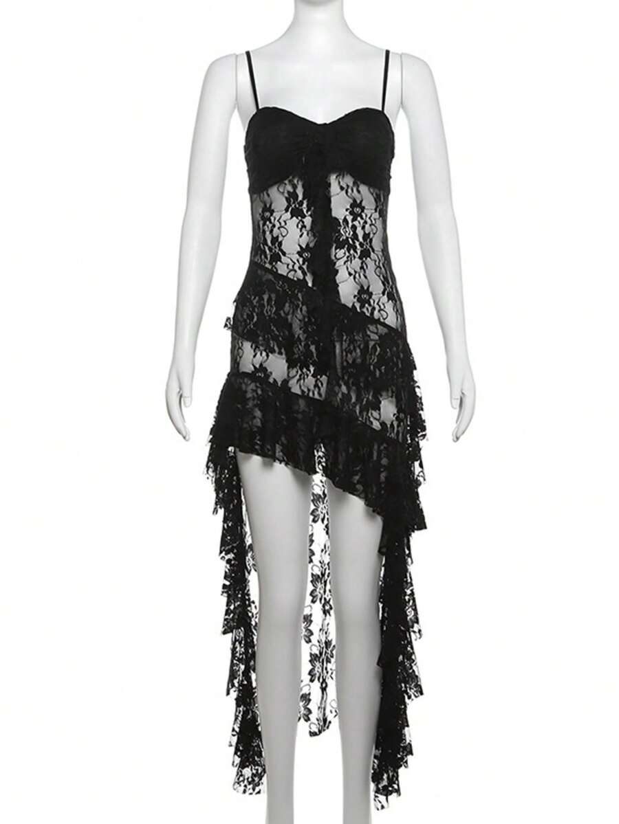 Black sleeveless camisole dress for women featuring contrast lace patchwork details, spaghetti straps, high waist slim fit, and a sheer asymmetrical hem.