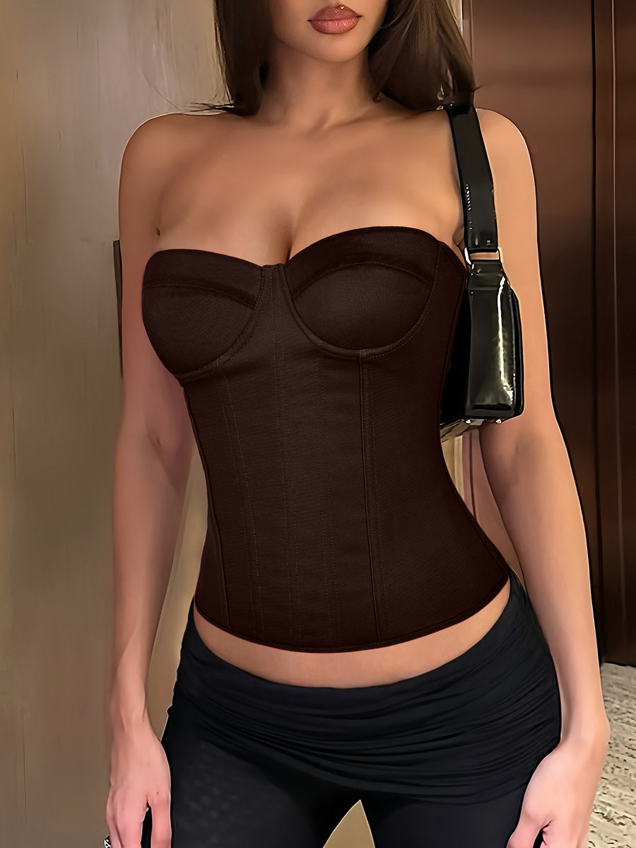 Red strapless corset top with boning and lace-up back, slim fit cropped tube top for women.