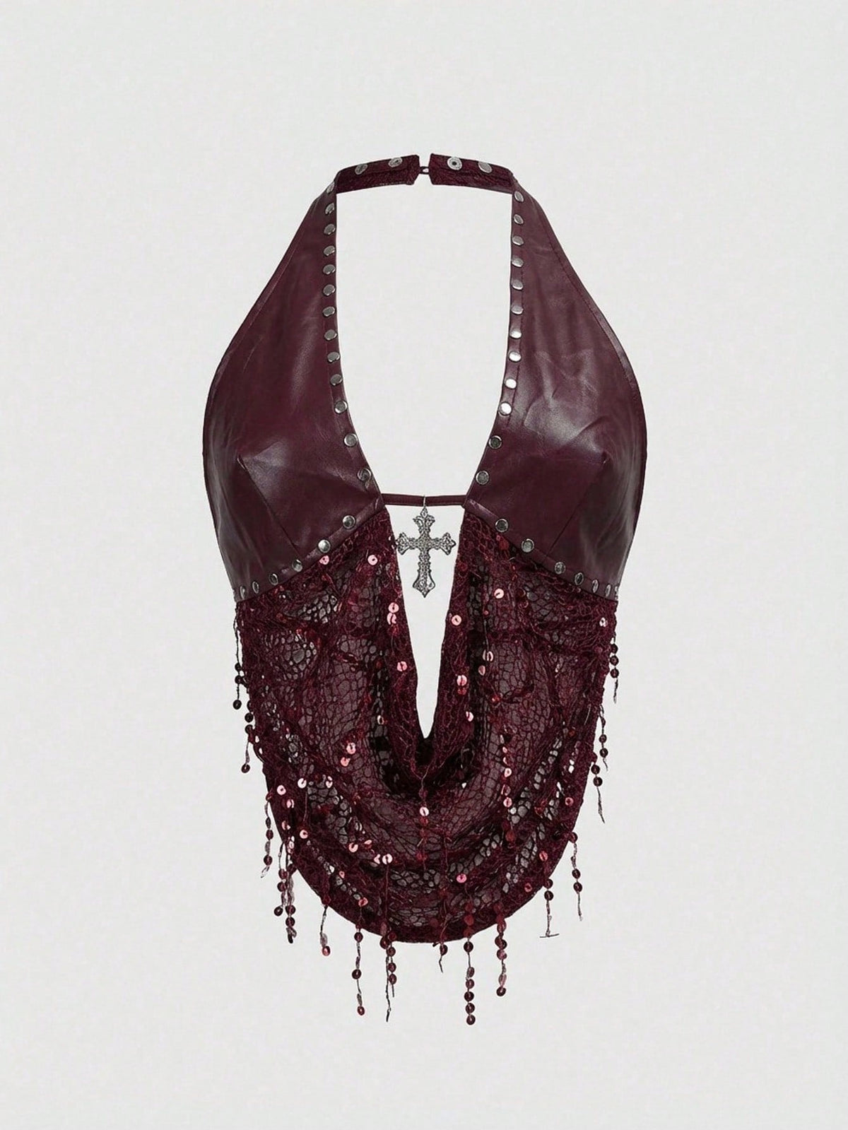 Black sequin backless halter top featuring an asymmetrical hemline and slim fit design for women.