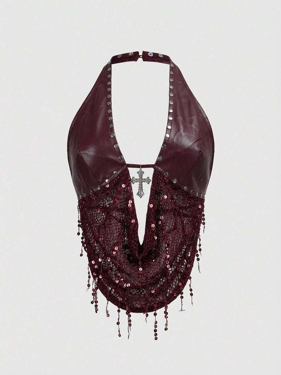 Black sequin backless halter top featuring an asymmetrical hemline and slim fit design for women.