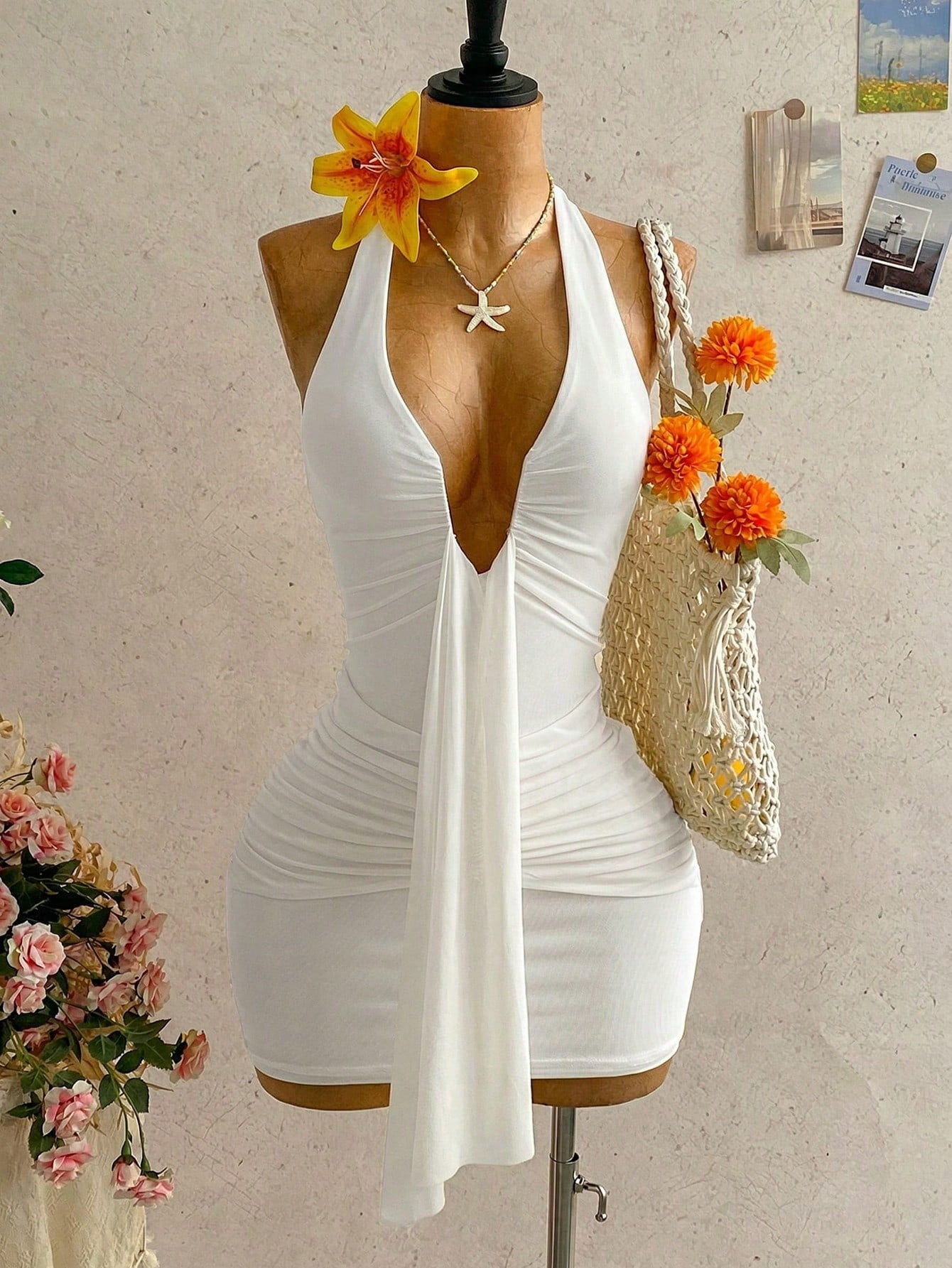 Women's Pale Yellow Halter Mini Dress,Deep V-Neck Ruched Bow Tie Summer Casual Sundress,Perfect For Holiday,Vacation,Beach,Party & Music Festival