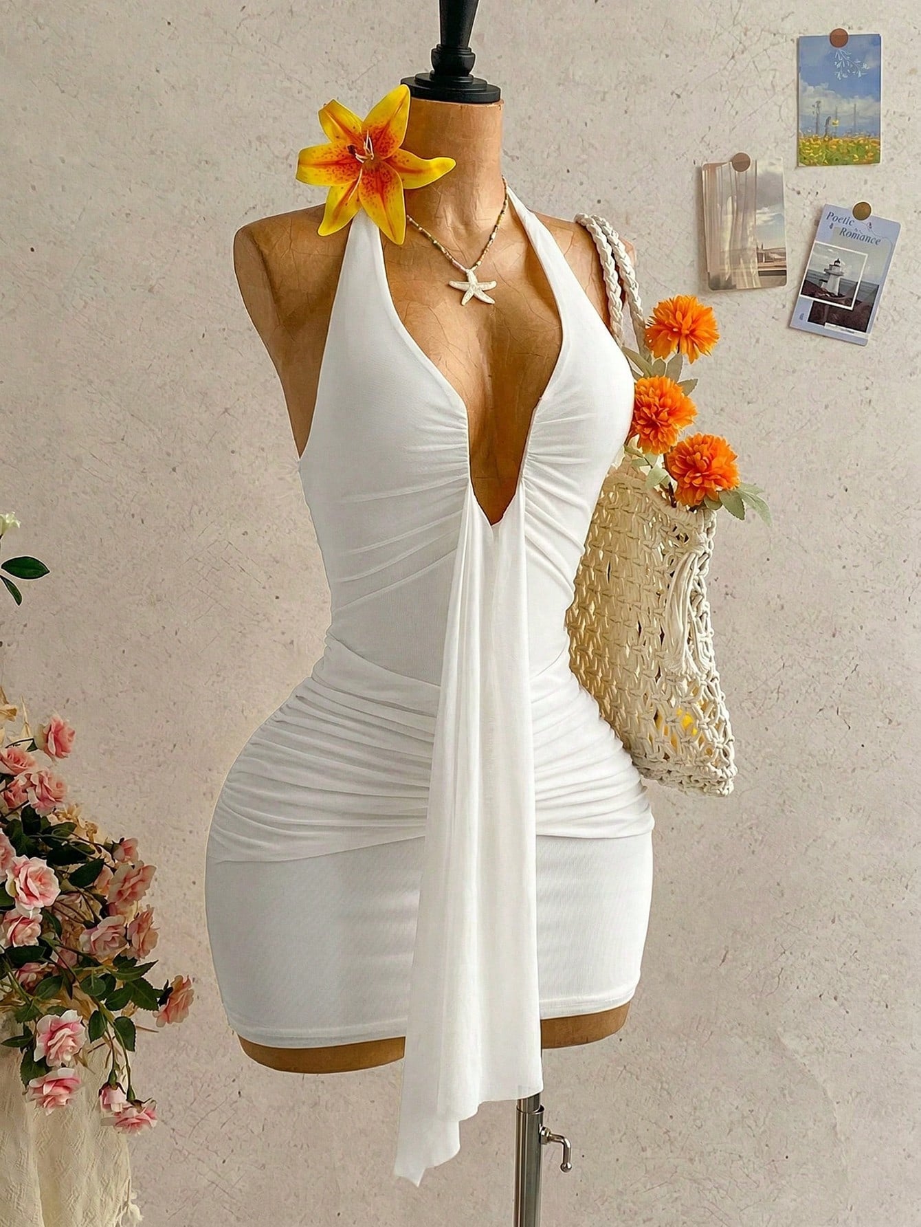 Women's Pale Yellow Halter Mini Dress,Deep V-Neck Ruched Bow Tie Summer Casual Sundress,Perfect For Holiday,Vacation,Beach,Party & Music Festival
