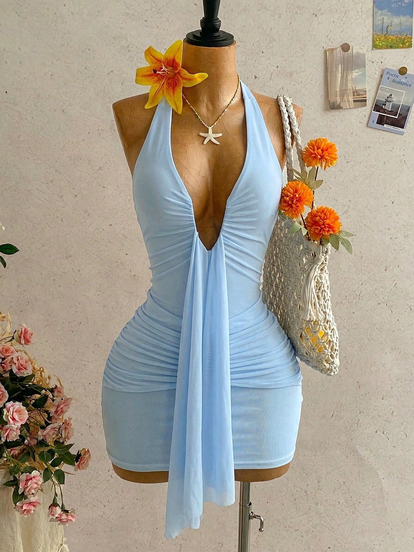 Women's Pale Yellow Halter Mini Dress,Deep V-Neck Ruched Bow Tie Summer Casual Sundress,Perfect For Holiday,Vacation,Beach,Party & Music Festival