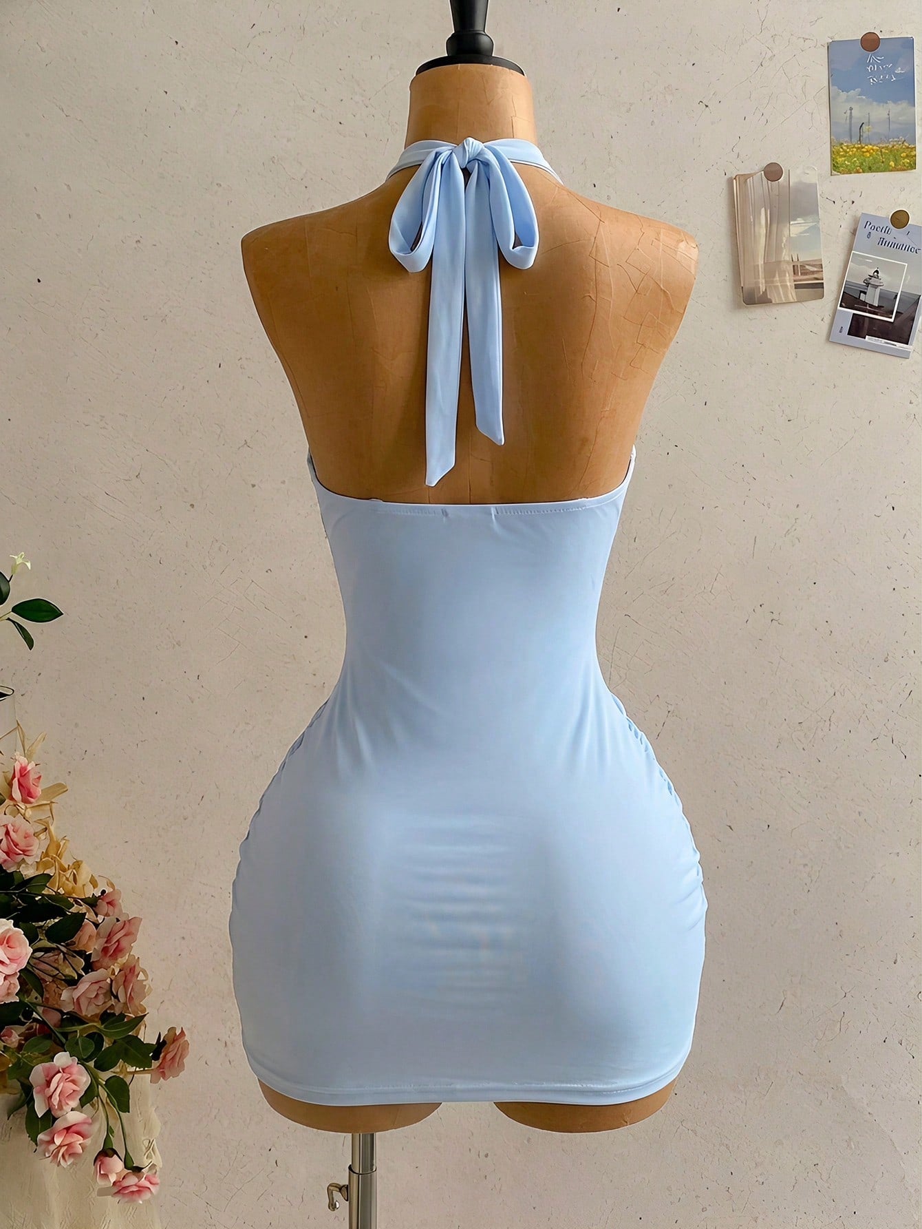 Women's Pale Yellow Halter Mini Dress,Deep V-Neck Ruched Bow Tie Summer Casual Sundress,Perfect For Holiday,Vacation,Beach,Party & Music Festival