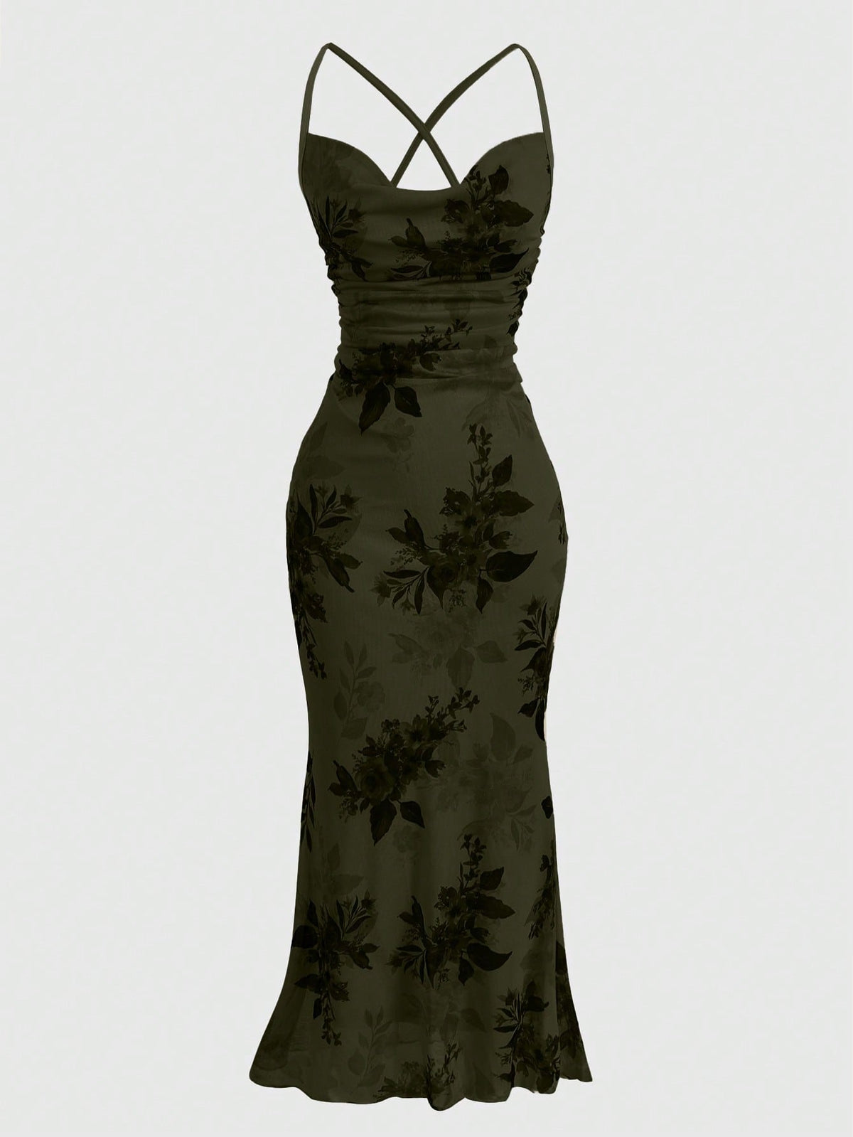 Women's floral print backless cami long dress featuring spaghetti straps, high waist, ruched detailing, and a mermaid hem with split thigh