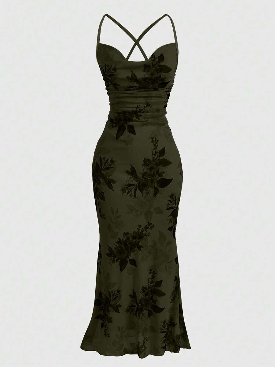 Women's floral print backless cami long dress featuring spaghetti straps, high waist, ruched detailing, and a mermaid hem with split thigh